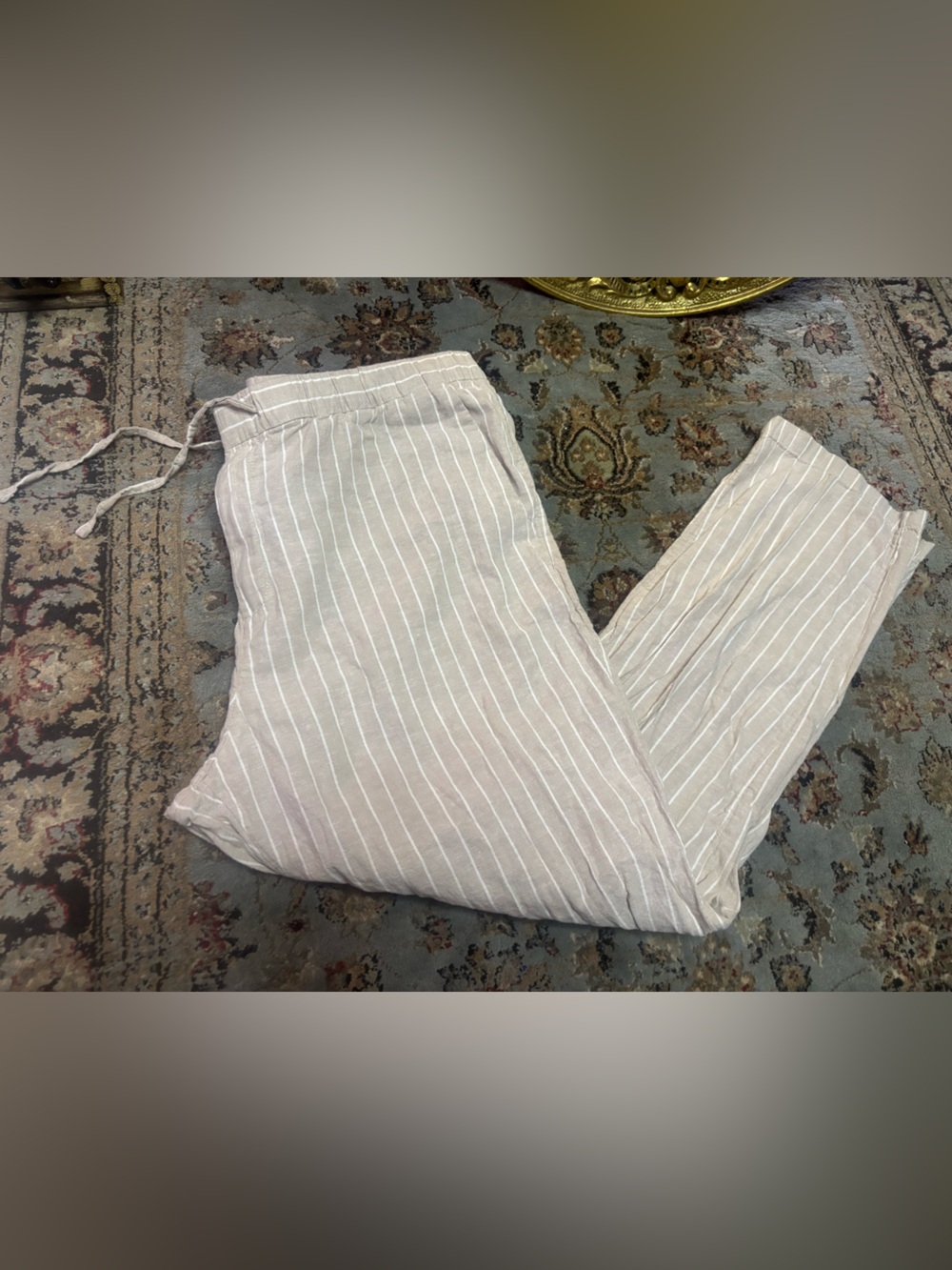 H&M Beige Pinstripe Boho Linen-Blend Drawstring Button Trousers